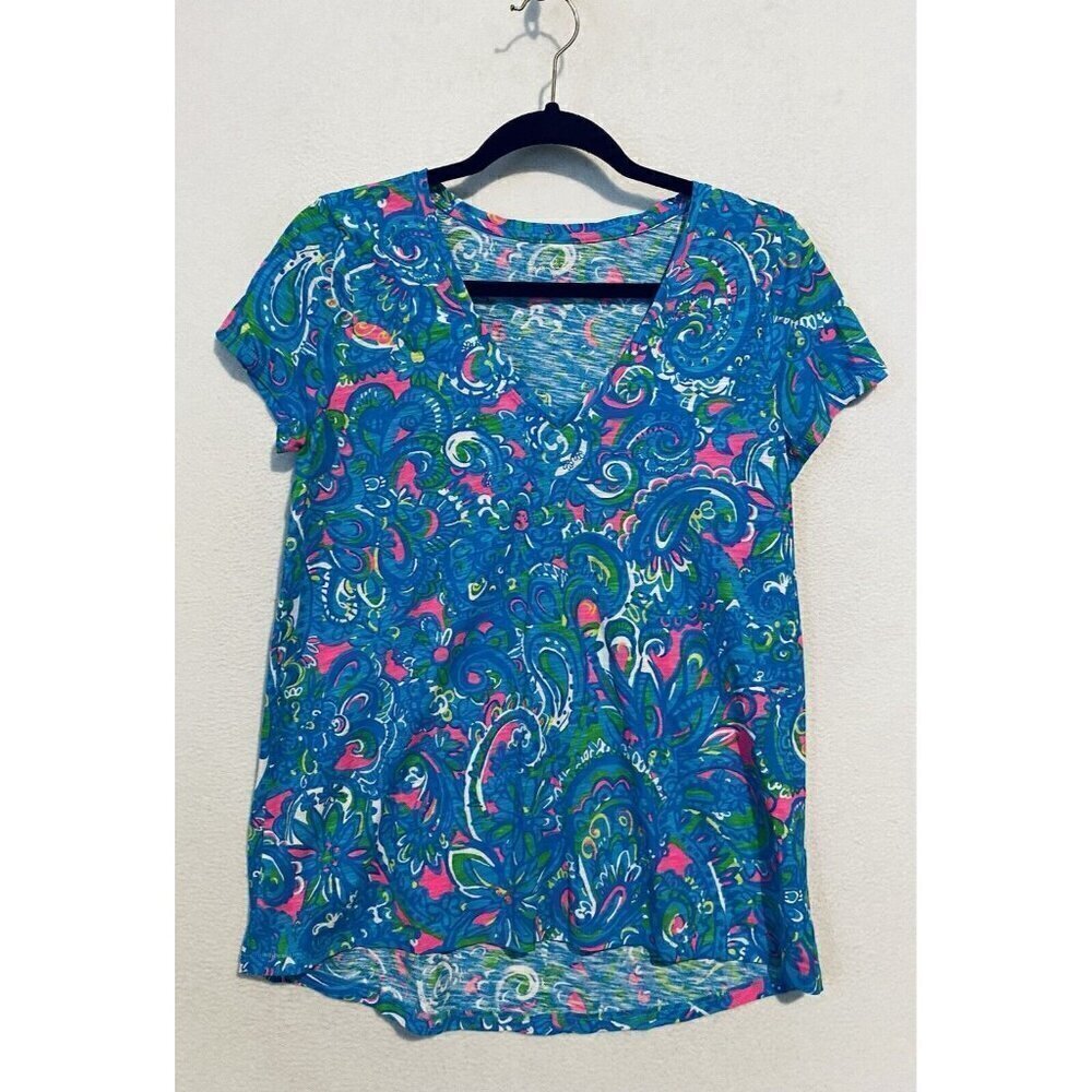 Lilly Pulitzer Top Womens Small Etta V Neck Short Sleeve Slub Jersey Boho Beachy